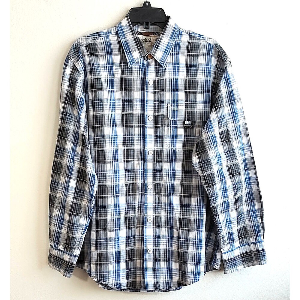 Timberland Mens Shirt Long Sleeve Button Up Blue Black White Plaid Loose Fit